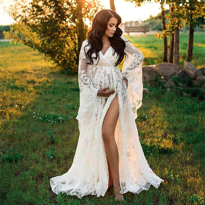 Bell-Sleeve Open Lace Maternity Gown
